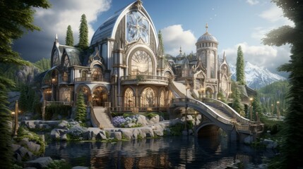 Naklejka premium fantasy castle with bridge and lake