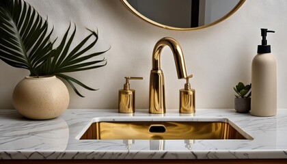  A gold bathroom faucet detail with a plant on the white marble countertop and a gold mirror.