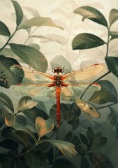 A dragonfly perches on a leaf in a lush green garden.