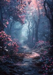 Mystical pink flower forest path