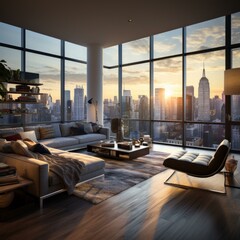Modern apartment living room with amazing city view