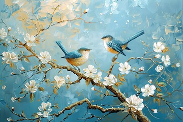 Two Birds on Autumn Tree Branch - Blue & Beige Birds Oil Painting