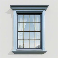 Blue wooden window frame with white curtains