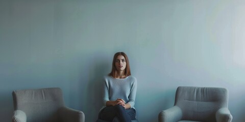 A young woman sits in a chair in front of a blank wall. - obrazy, fototapety, plakaty