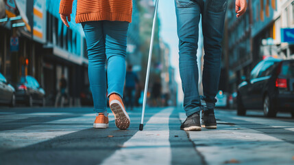 Guided Walk: Blind Person with Companion on the City Street