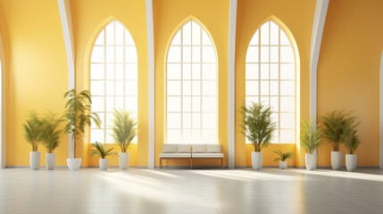 Bright yellow room with large arched windows and potted plants