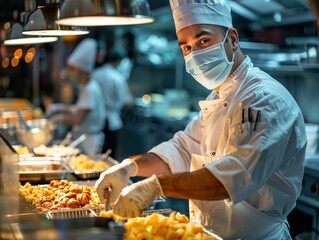 Chef wearing a mask and gloves preparing food in a commercial kitchen
