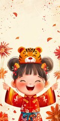 A cute cartoon girl wearing a tiger hat is celebrating the Chinese New Year