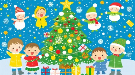 A heartwarming illustration of families and friends gathered around a beautifully decorated Christmas tree, exchanging gifts