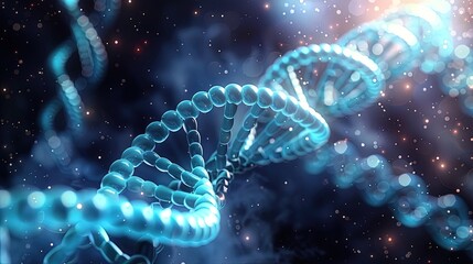 Genetic Code Unraveled: A Futuristic Blue-Toned Scientific Visual of DNA Helix with Replicating Space and Spectroscopic Analysis.