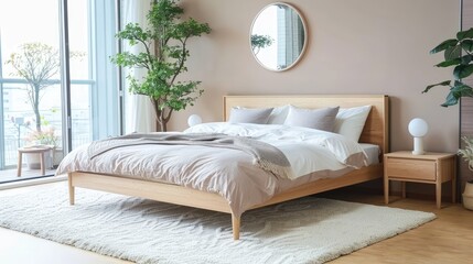 Contemporary Bedroom Interior with Wooden Accents and Geometric Rug
