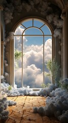 Large Arched Window Overlooking a Cloudy Sky