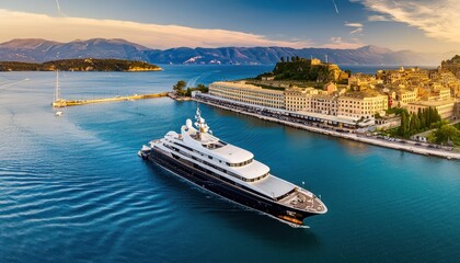 Aerial view of Large private motor yacht opera at sea in Corfu town, Greece