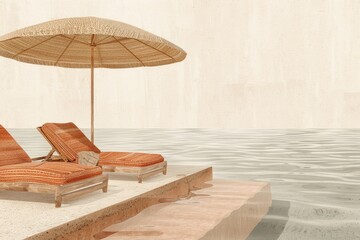 Serene Beach Scene with Lounge Chairs and Umbrella