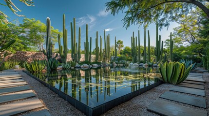 Tranquil Oasis: Serene Garden with Reflective Pond and Desert Plants