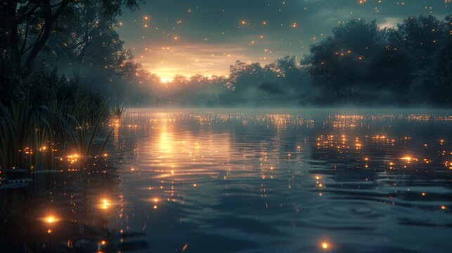 A serene lakeside scene where fireflies hover above the waters surface, their soft glow reflected in the rippling waves as