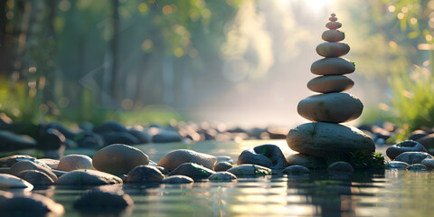 
a stack of rocks in the middle of a river, Zen stones balance in the water