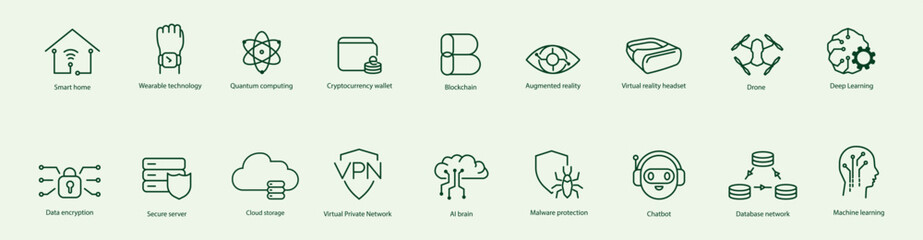 Comprehensive Tech Vector Icons: Cloud Storage, Secure Server, Data Encryption, VPN, Malware Protection, AI Brain, Chatbot, Machine Learning, Dataset Network, Smart Home, Smart Wearable, Blockchain