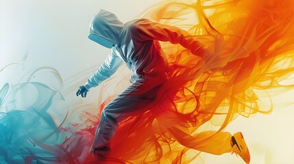Abstract man break dancing in a sleek tracksuit, stylish swirling wave graphic background. Rainbow vibrant texture 3d digital art. Modern urban street dance hip hop culture. France paris olympic game.