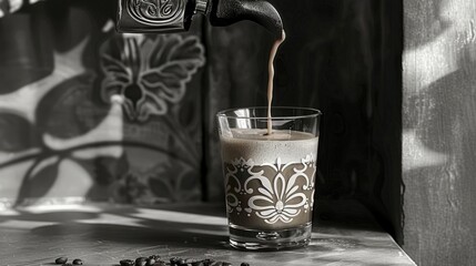 Exquisite Espresso Macchiato with Milk in Coffee Cup on Artistic Background - obrazy, fototapety, plakaty