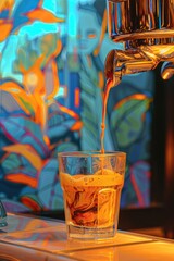 Refreshing Tropical Drink Being Poured from Tap into Glass on Colorful Counter - obrazy, fototapety, plakaty