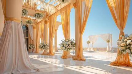Desert event venue near Dubai, opulent with gold and white drapes and large floral arrangements, empty under clear blue skies