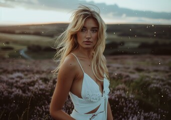 Young woman standing in a field of heather at sunset