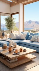 Blue and White Living Room With Amazing Sea View