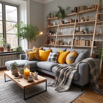 A cozy living room with a large gray couch, yellow pillows, and a wooden bookshelf