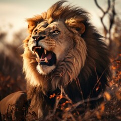 Fototapeta premium Close up of a male lion roaring in the middle of a dry grass field
