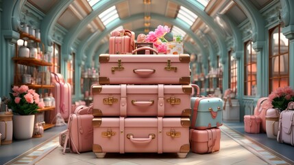 Obraz premium Pink suitcases stacked in a pink room