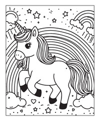 Cute cartoon unicorn with rainbow coloring page. Color and black white vector illustration for coloring book,