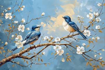 Two Birds on Blue Tree Branch - Vertical Oil Painting Printable Art
