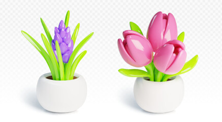 3d flower pot. Tulip plant icon for house garden. Isolated home ceramic vase with hyacinth indoor interior element. Simple and beautiful office houseplant decorative object. Spring cute decoration