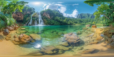 An immersive 360-degree equirectangular panorama of a lush tropical paradise, with vibrant rainforests teeming with exotic flora and