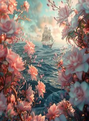 Fantasy ship in a sea of flowers