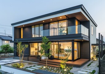 A Modern Two-Story House with a Terrace and a Garden