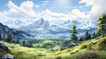 Fototapeta premium Digital watercolor forest landscape abstract graphic poster web page PPT background