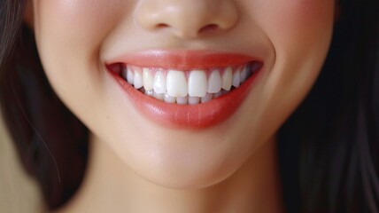 Fototapeta premium Close-up of smiling young woman with healthy white teeth. Dental care concept.