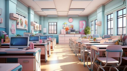Classroom with pastel color theme and pink accents