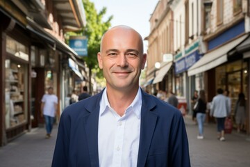 Bald man in blue suit smiling in a pedestrian street