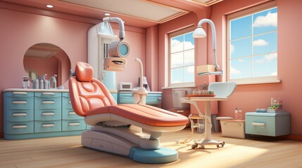 A dentist's office with a pink and blue color scheme