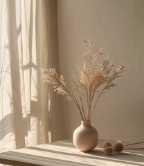 Minimalist interior design with a vase of beige pampas grass