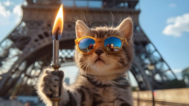Funny cat holding Olympic flame torch, weal sunglasses. Paris Eiffel Tower background, travel to France. Creative animal concept cute pet in costume modern 3d digital art humor greeting card wallpaper