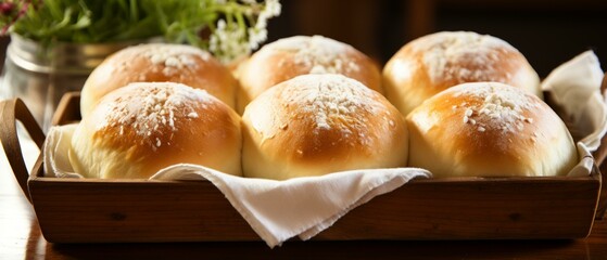 A wooden tray of freshly baked bread rolls sprinkled with sugar