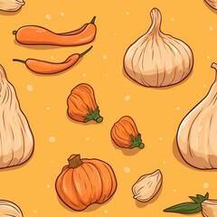 Onion and garlic seamless pattern for kitchen textiles, packaging, and food related products
