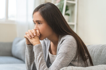 Sad, unhappy. Alone asian young woman, girl expression face thinking about problem, difficulty, feeling failure and exhausted, suffering from loneliness, grief sorrow and bad relationship or break up.