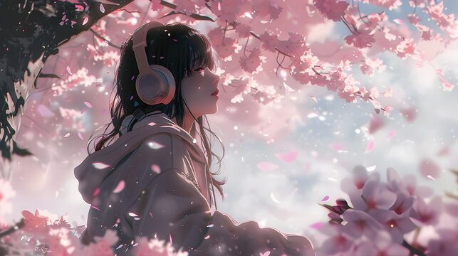 Lo-fi anime girl alone listen to music under a cherry blossom tree. Relax atmosphere animation manga style wallpaper, lofi chill jazz hiphop streaming background.