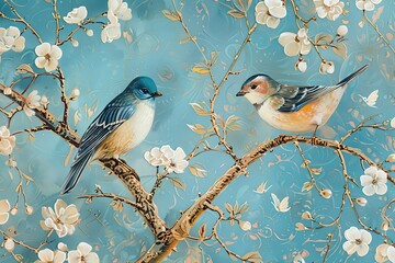 Vertical Oil Painting: Blue & Beige Birds Printable Art on Tree with White Flowers
