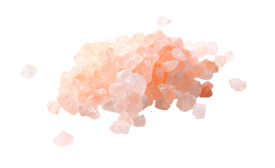 A close-up of Himalayan pink salt crystals, unique texture and color, isolated on a white background, real photo. Transparent PNG